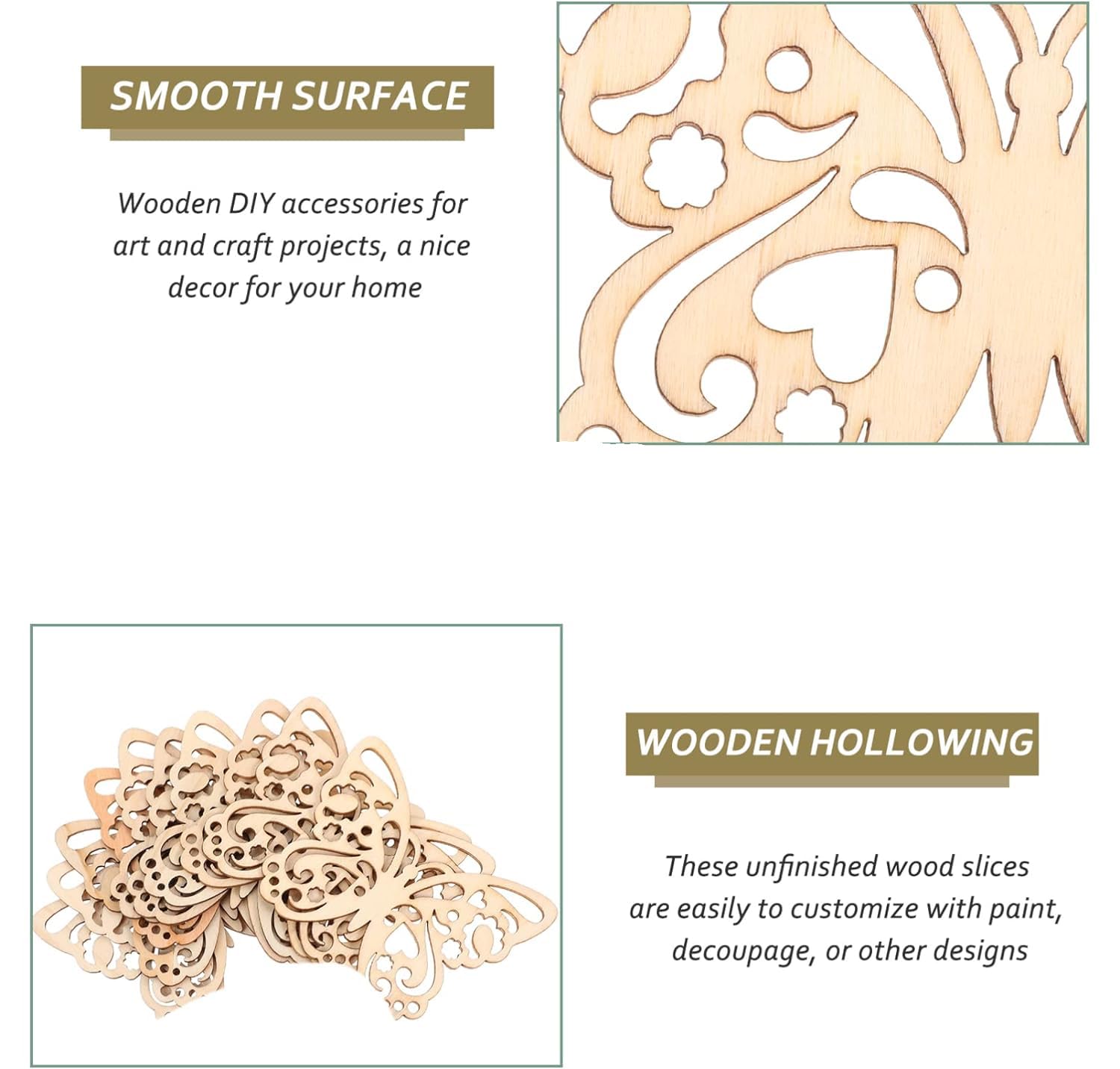 Wooden DIY accessories with decorative patterns on a white background