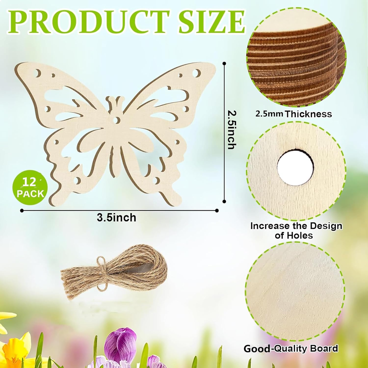 Wooden butterfly cutout with measurements and product details on a nature-themed background