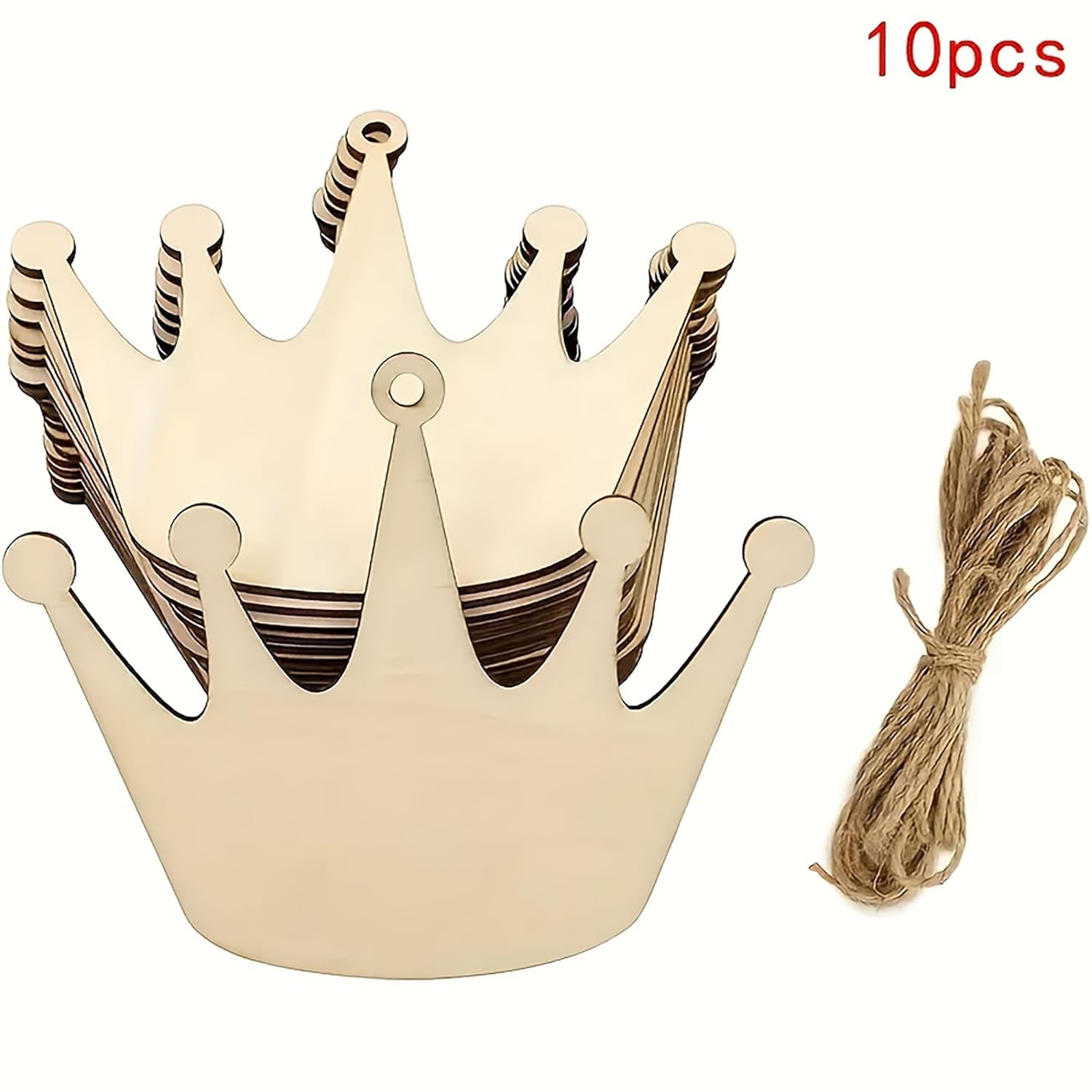 Set of 10 wooden crown-shaped decorations with twine on a white background