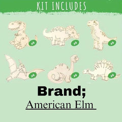 Dinosaur illustrations on a green background with 'American Elm' branding.