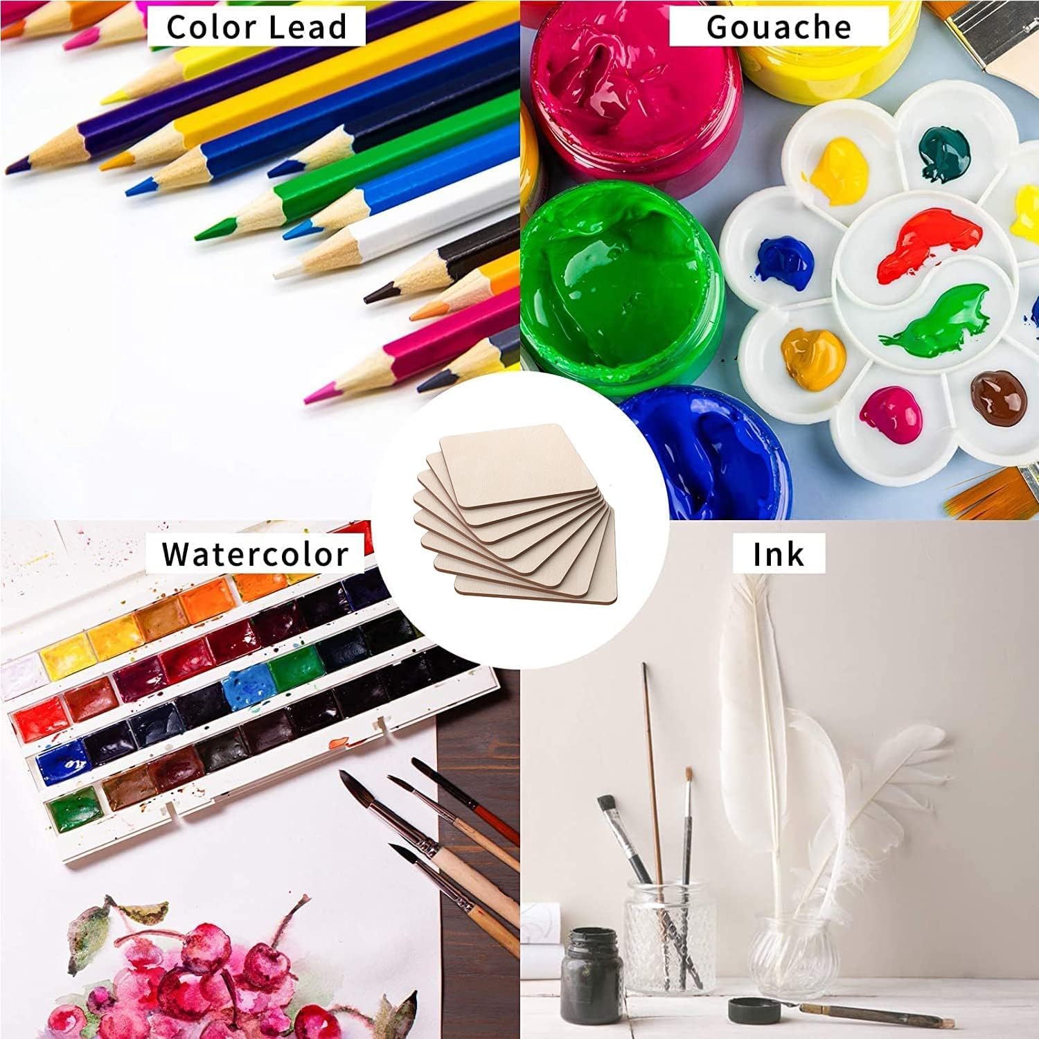 Collage of art supplies including color lead pencils, gouache paints, watercolor sets, and ink with a painting in the background.