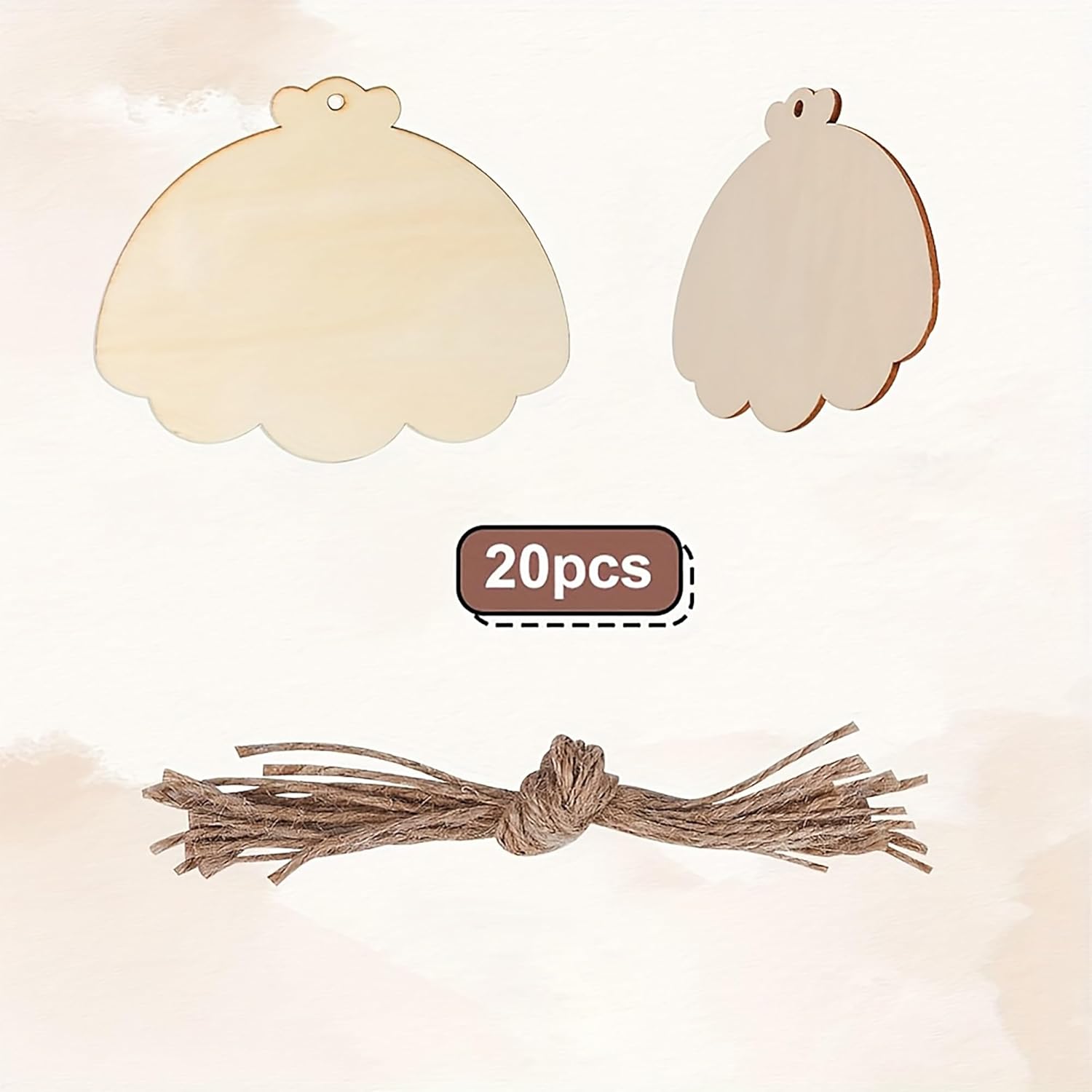 Two wooden cloud-shaped tags with twine on a beige background
