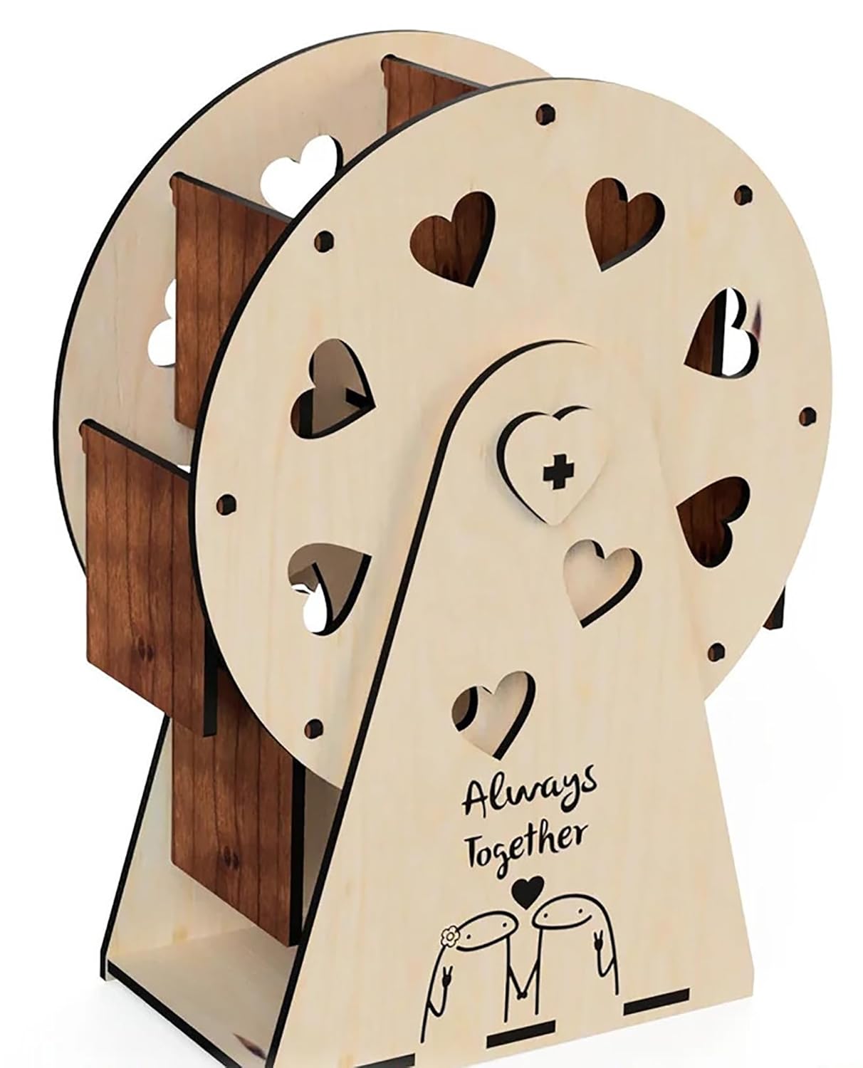 Wooden decorative item with heart shapes and 'Always Together' text on a white background