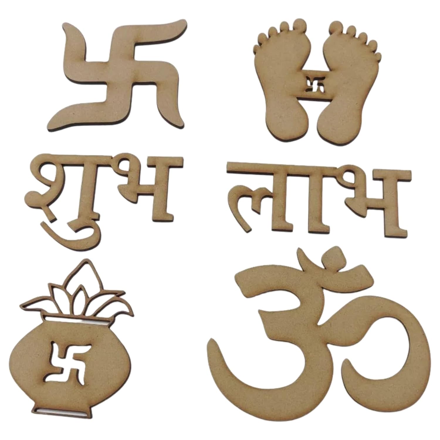 Set of wooden symbols including a swastika, feet, and Sanskrit letters on a white background.