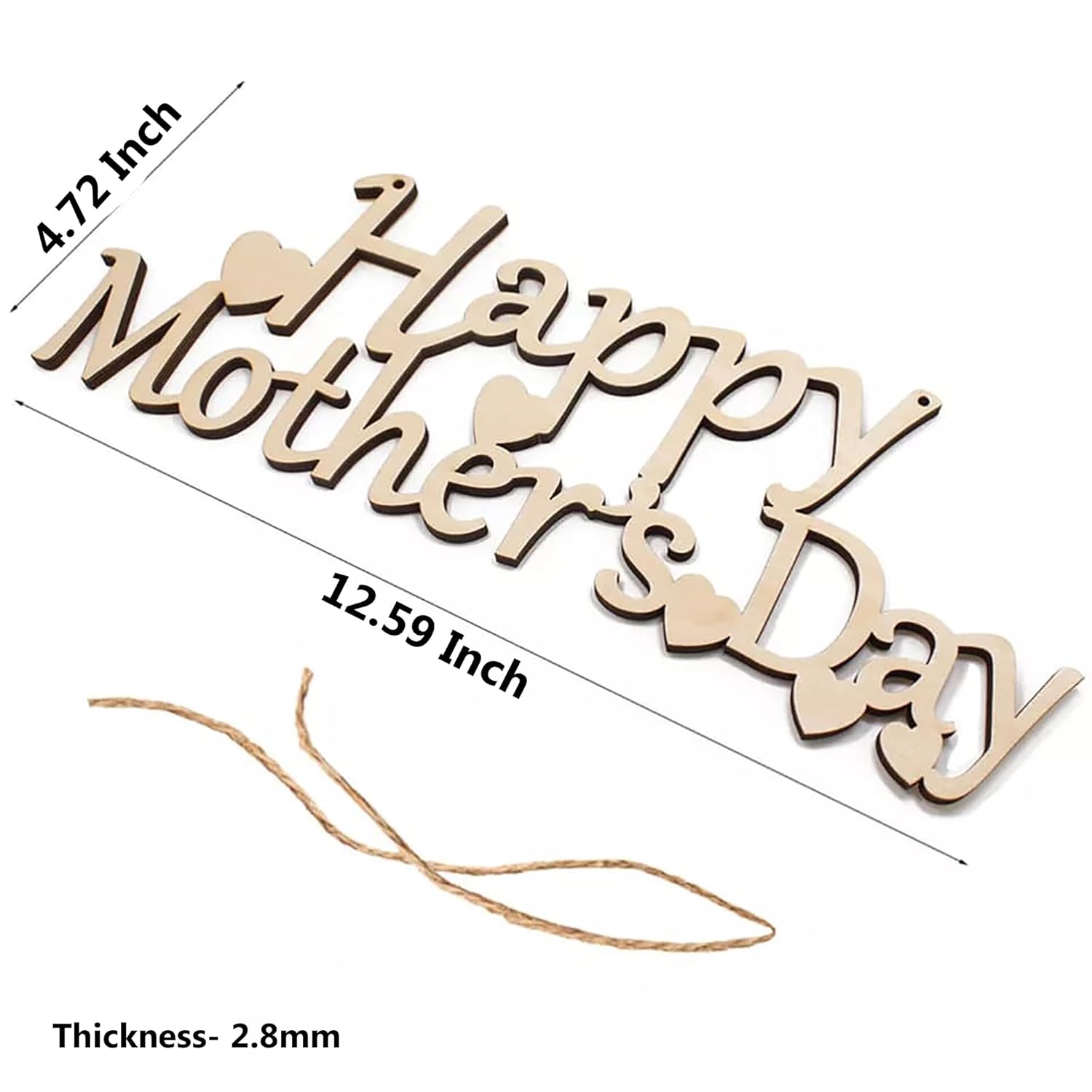 Wooden 'Happy Mother's Day' decoration with measurements on a white background