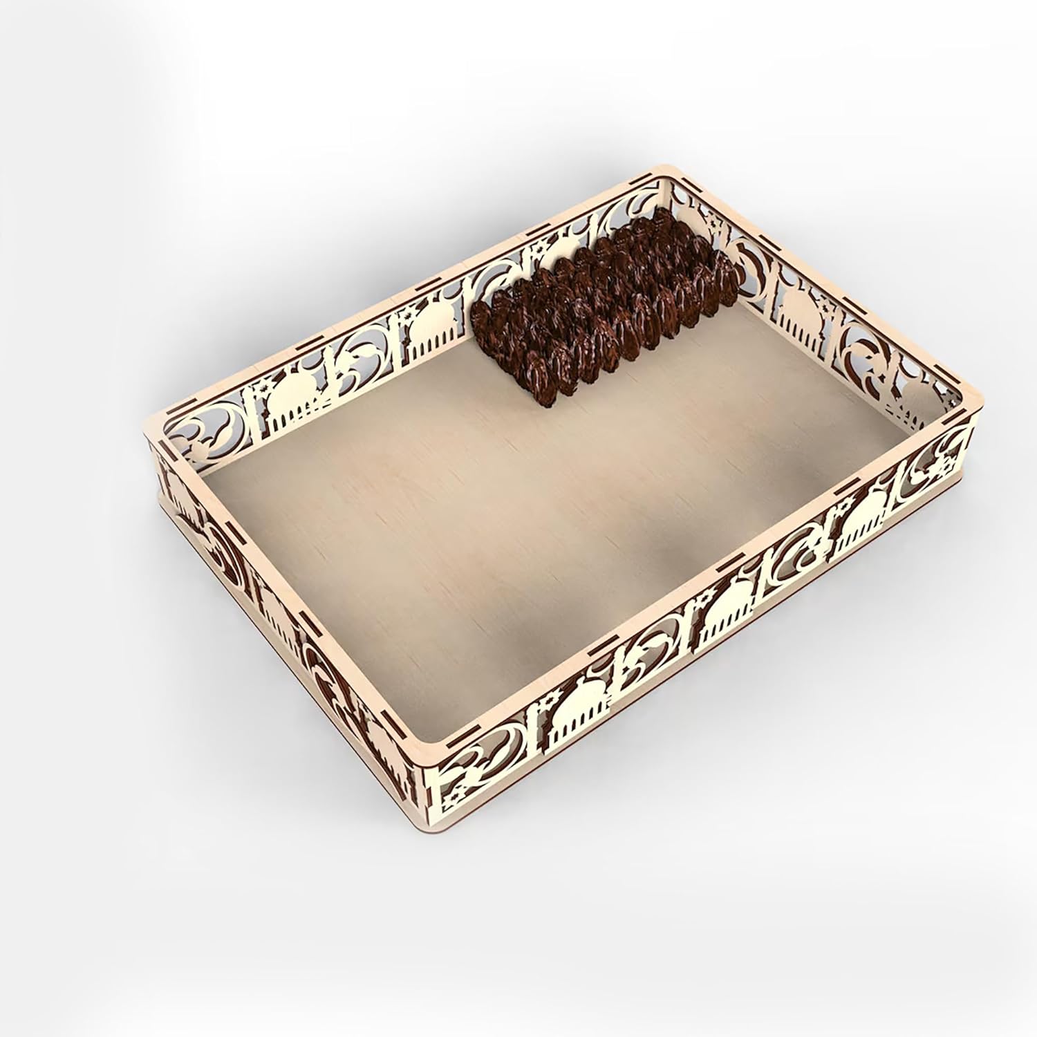 Decorative rectangular tray with intricate patterns on a white background
