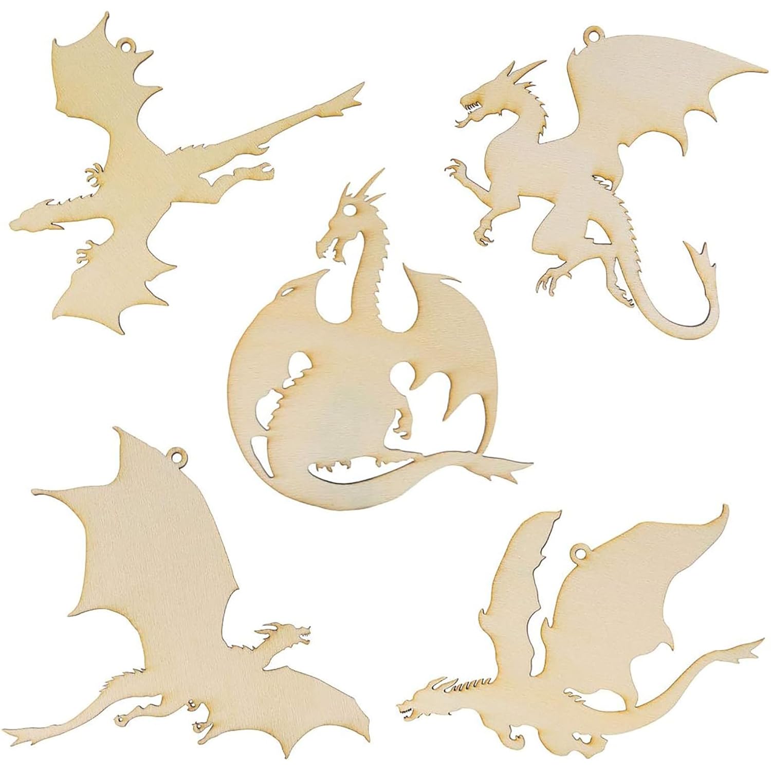 Five dragon-shaped wooden cutouts on a white background