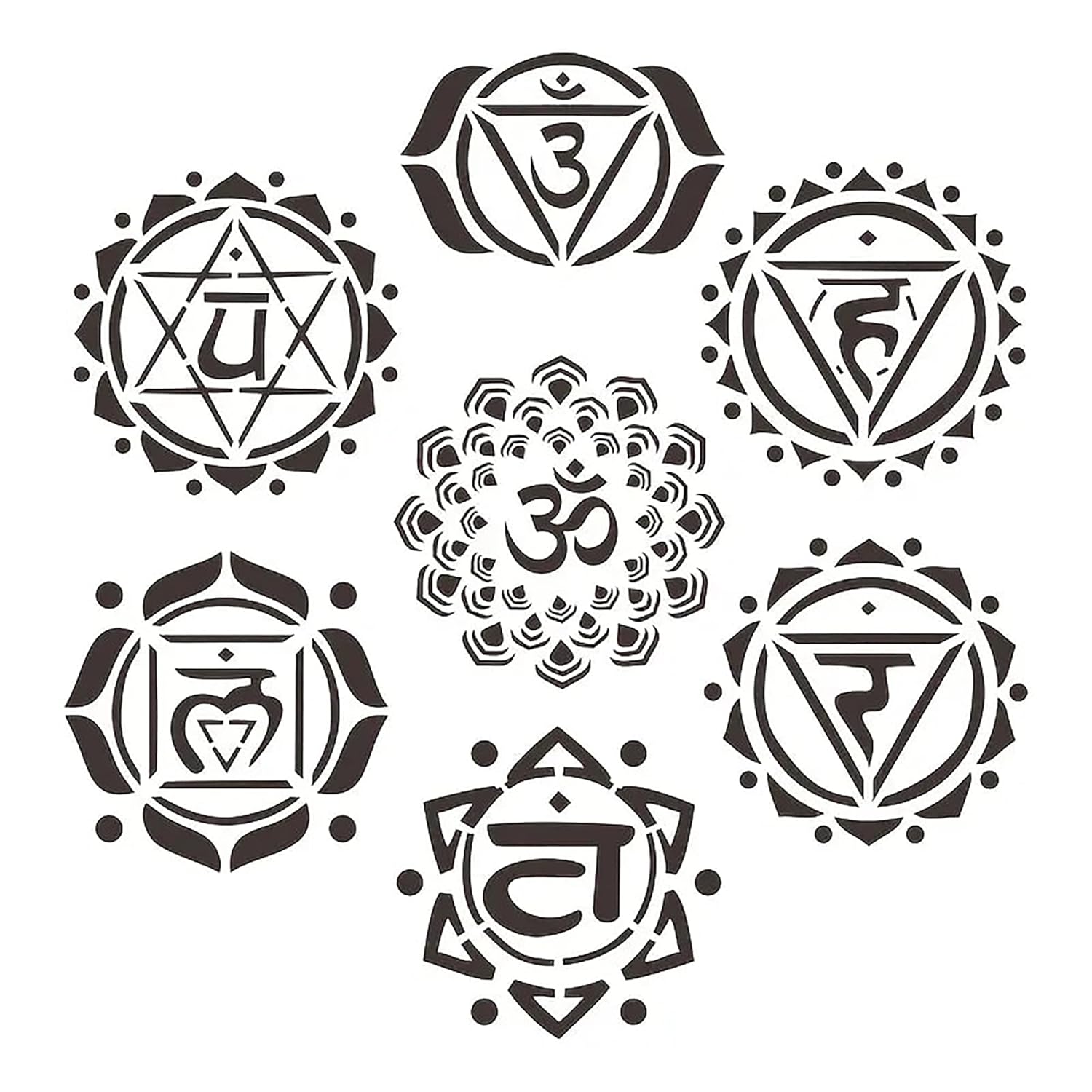 Set of black and white chakra symbols on a white background
