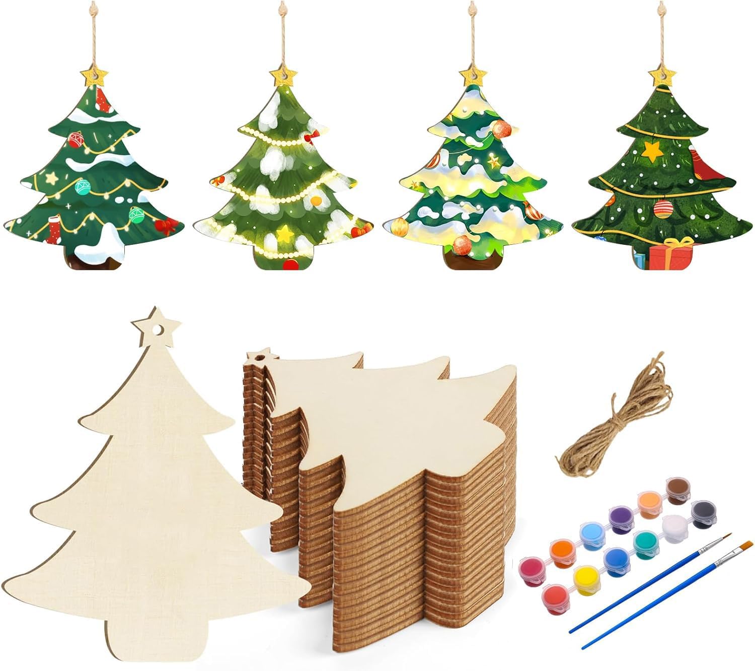 Set of wooden Christmas tree shapes with paint, brushes, and string lights on a white background