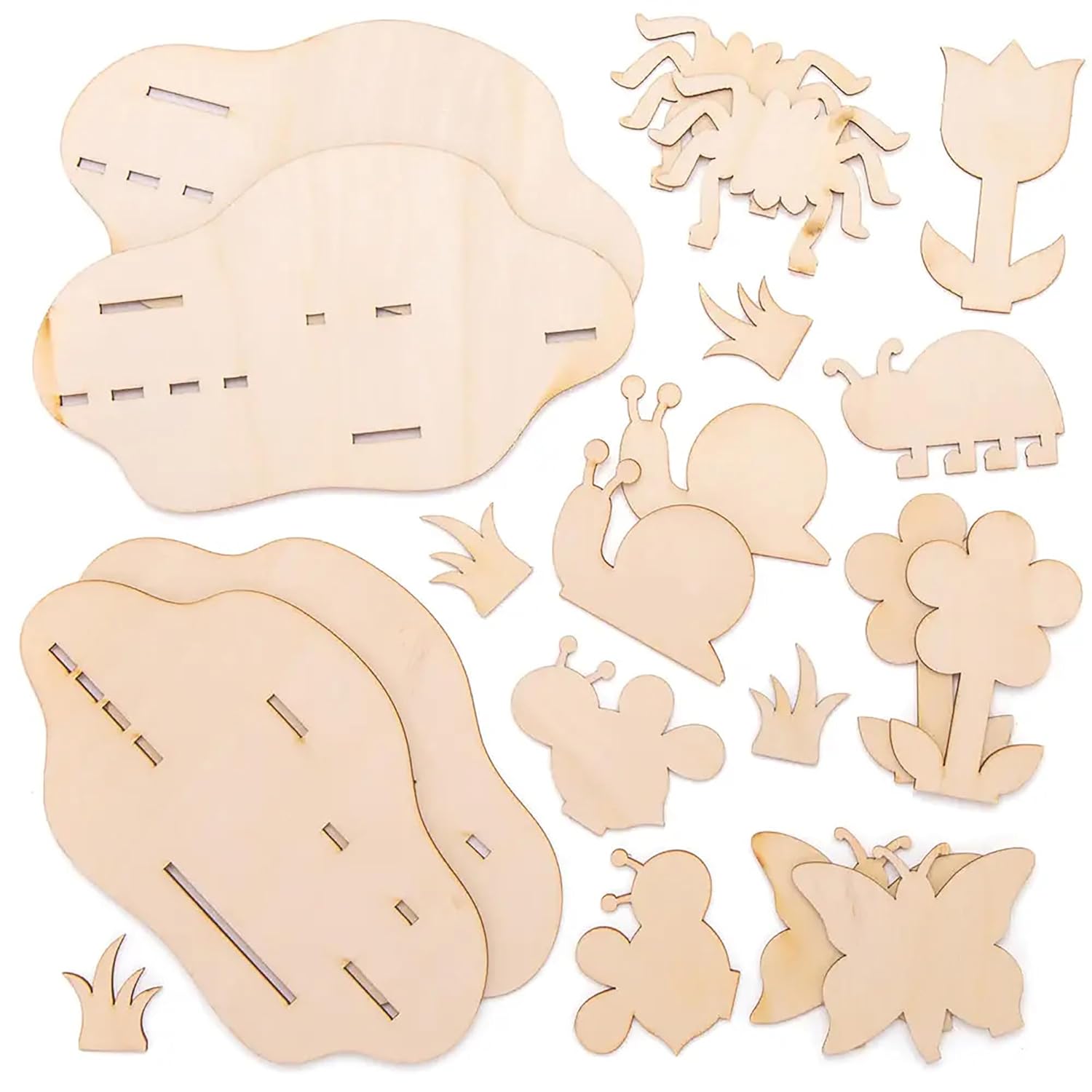 Set of wooden cutouts including animals, plants, and decorative elements on a white background