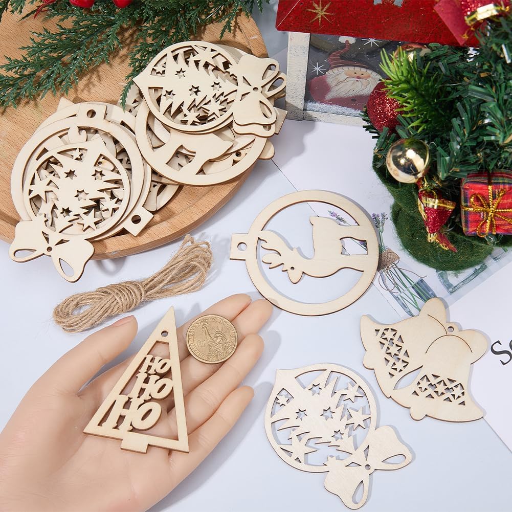Wooden Christmas ornaments on a table with a hand holding one, surrounded by festive decorations.
