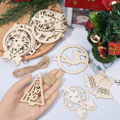 Wooden Christmas ornaments on a table with a hand holding one, surrounded by festive decorations.