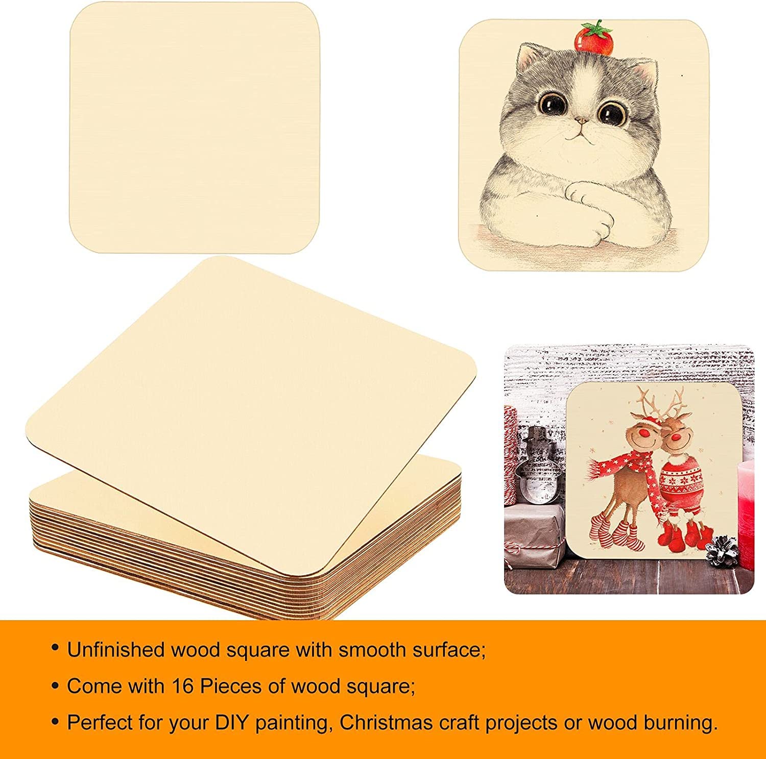 Unfinished wood squares with a cat illustration and text about their use for DIY projects.