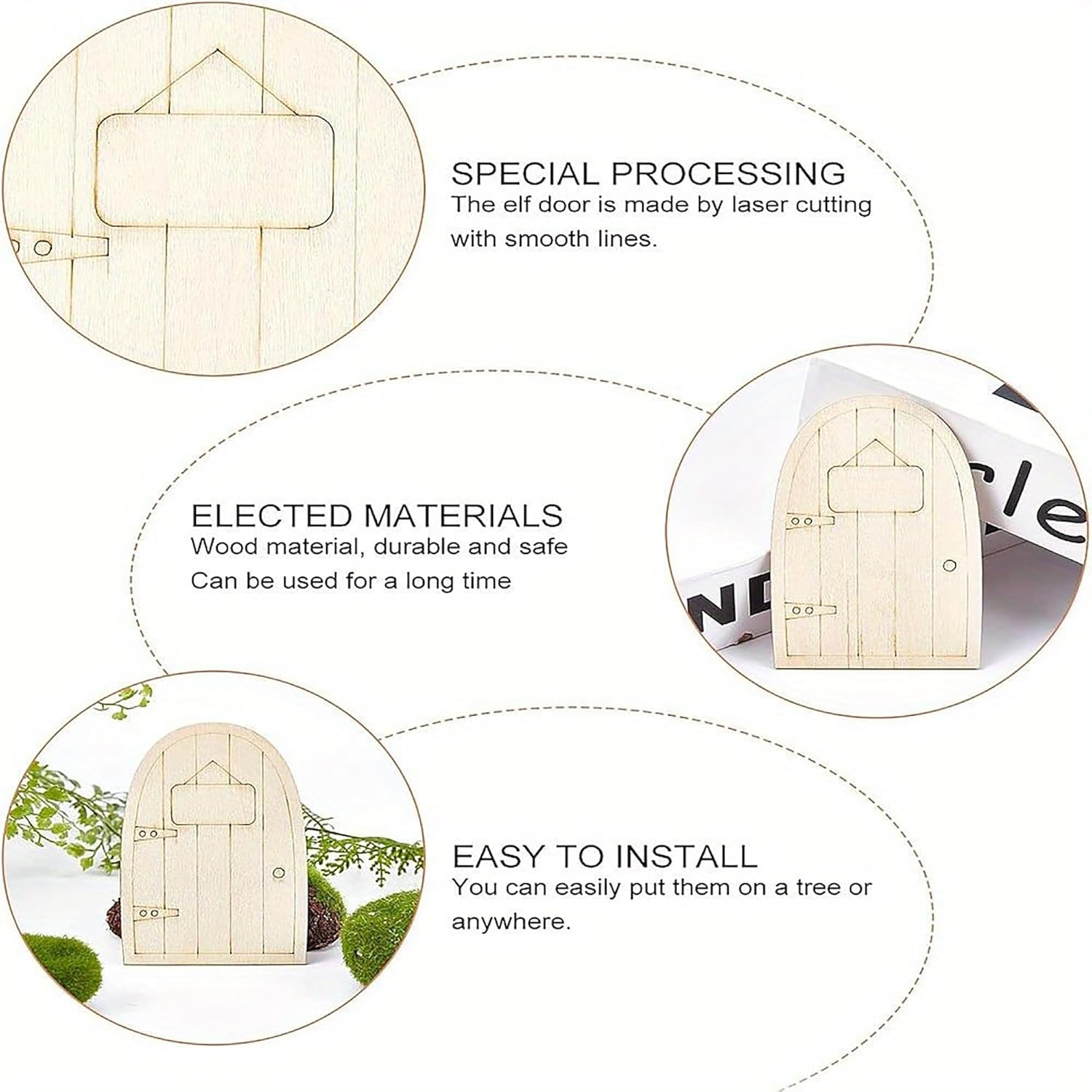 Wooden fairy door with text on special processing, material selection, and installation ease.