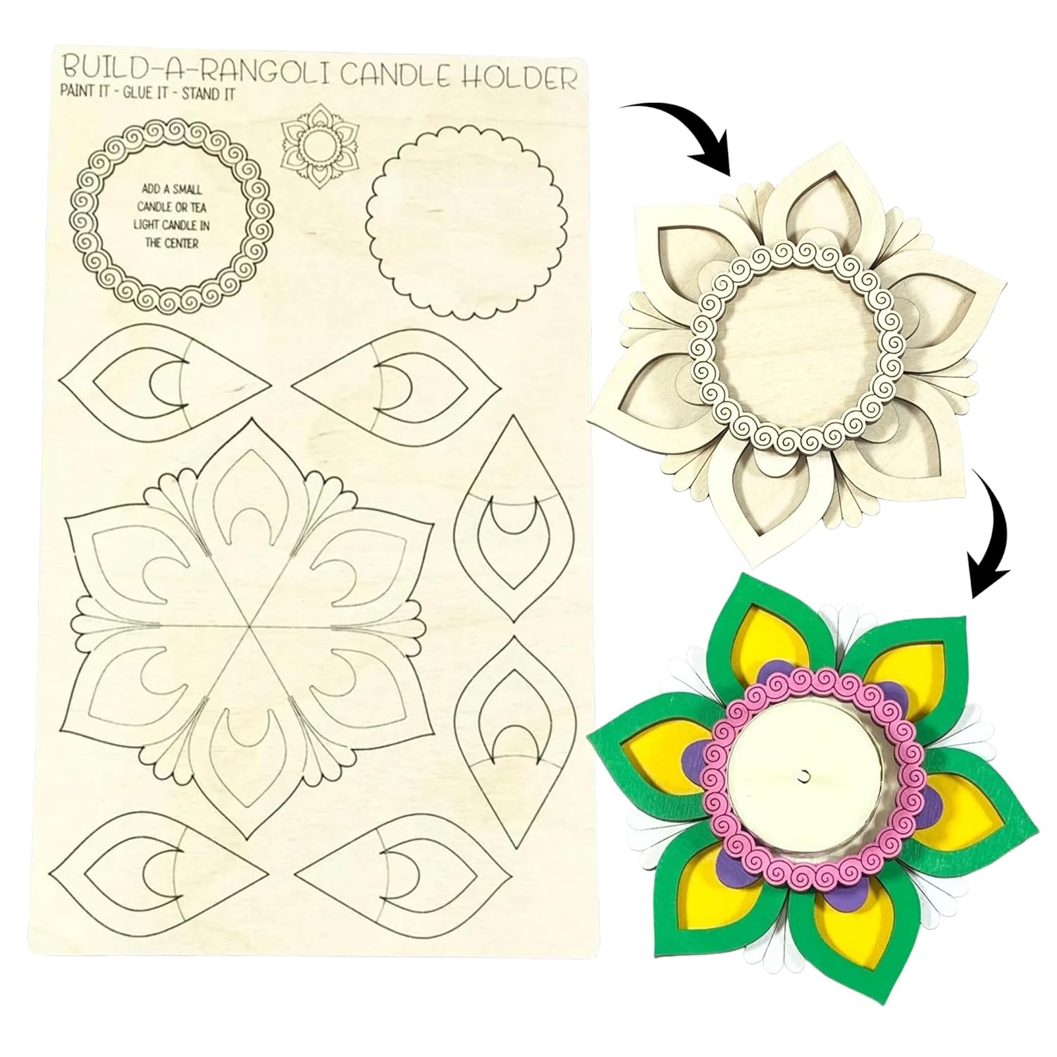 Build-a-Rangoli candle holder kit with templates and a completed colorful design.