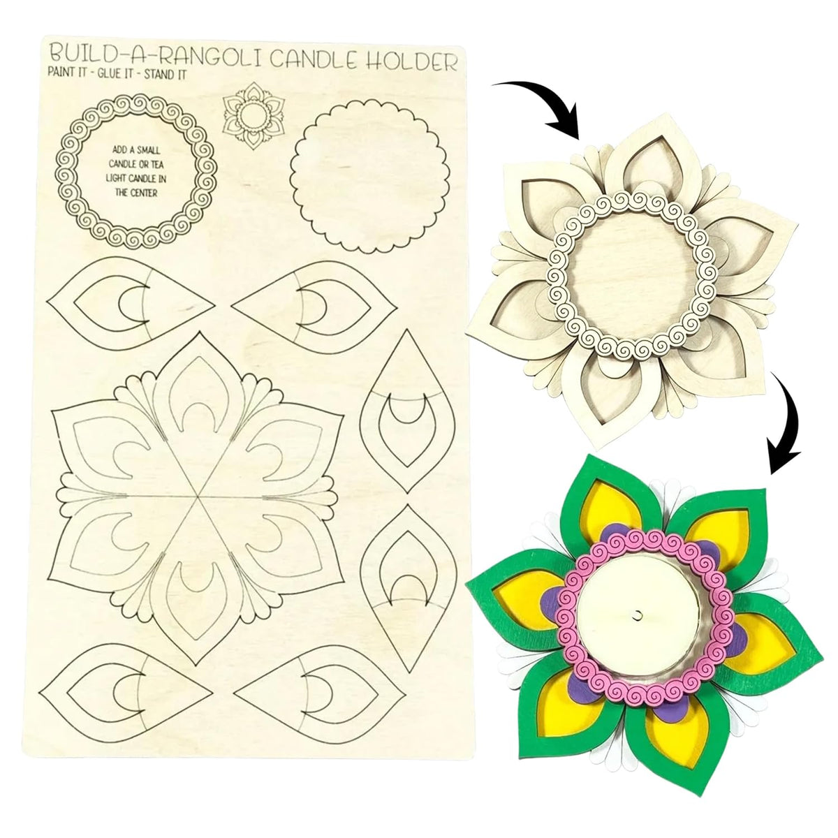 Build-a-Rangoli candle holder kit with templates and a completed colorful design.