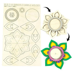 Build-a-Rangoli candle holder kit with templates and a completed colorful design.