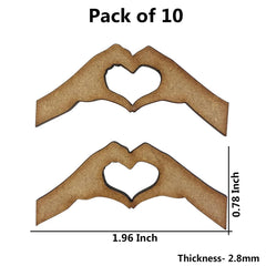 Two wooden cutouts of hands making heart shapes with measurements