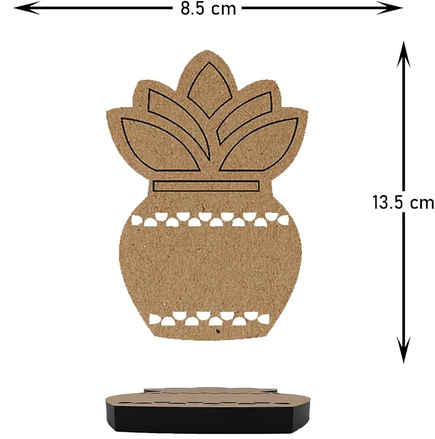 Cork pineapple-shaped coaster with dimensions on a white background