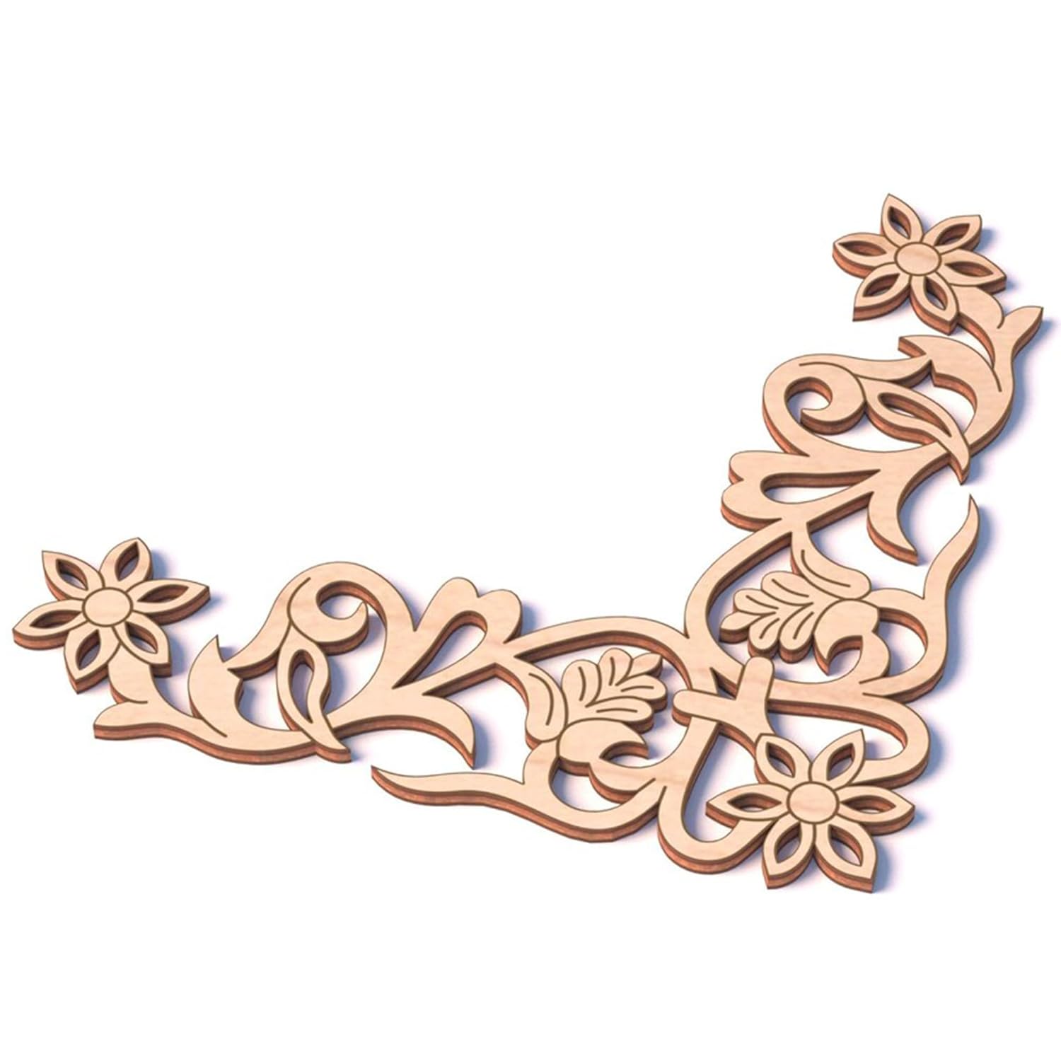 Decorative wooden embellishment with floral patterns on a white background