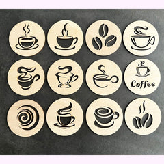 Set of wooden coffee-themed stencils on a dark background