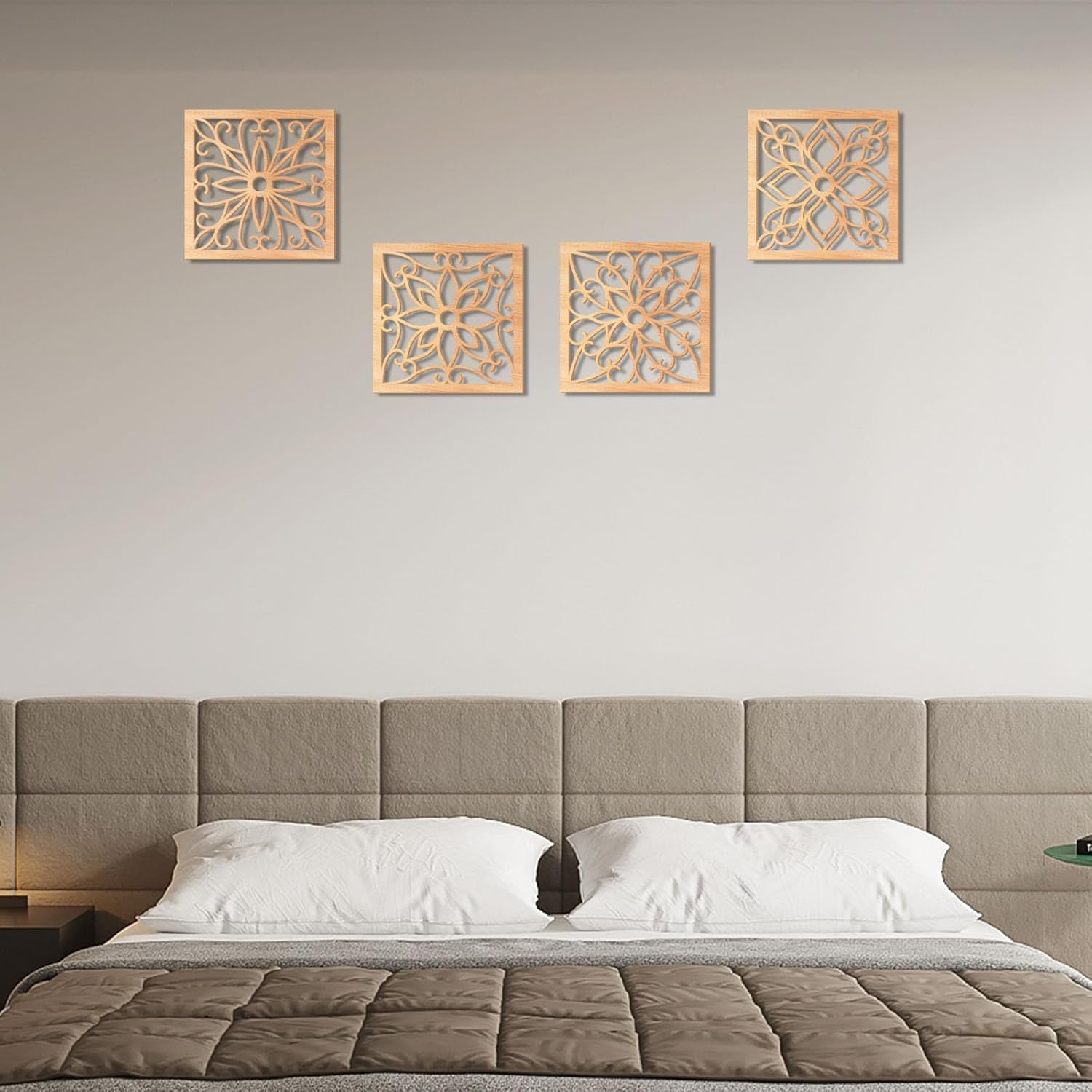 Bedroom with decorative wall art above a bed