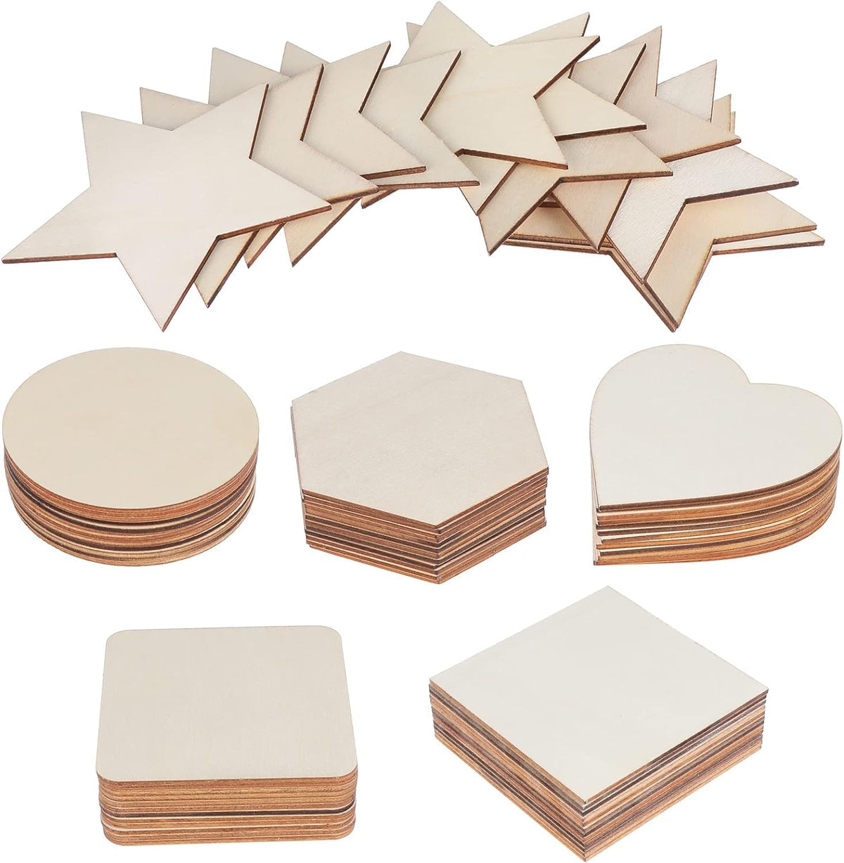 Set of wooden shapes including stars, circles, and squares on a white background