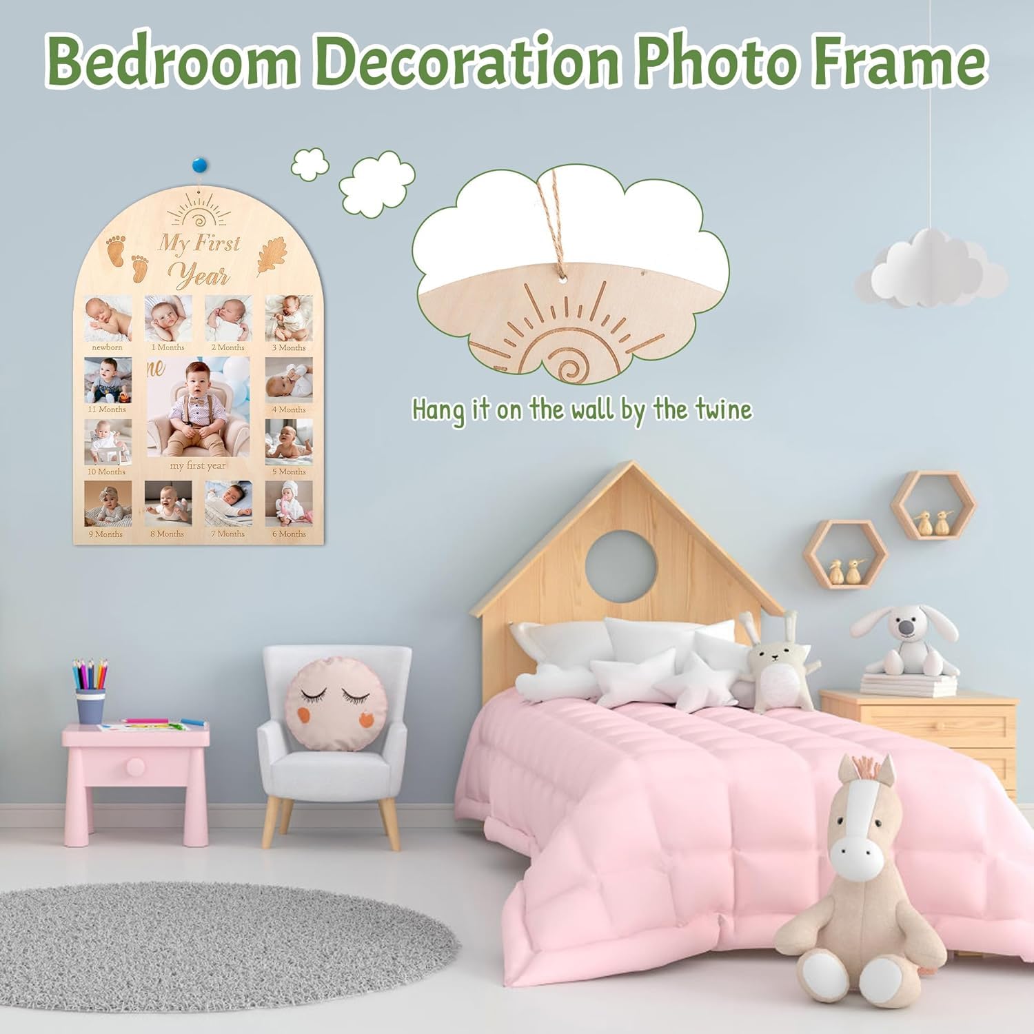 Children's bedroom with a photo frame and wall decorations