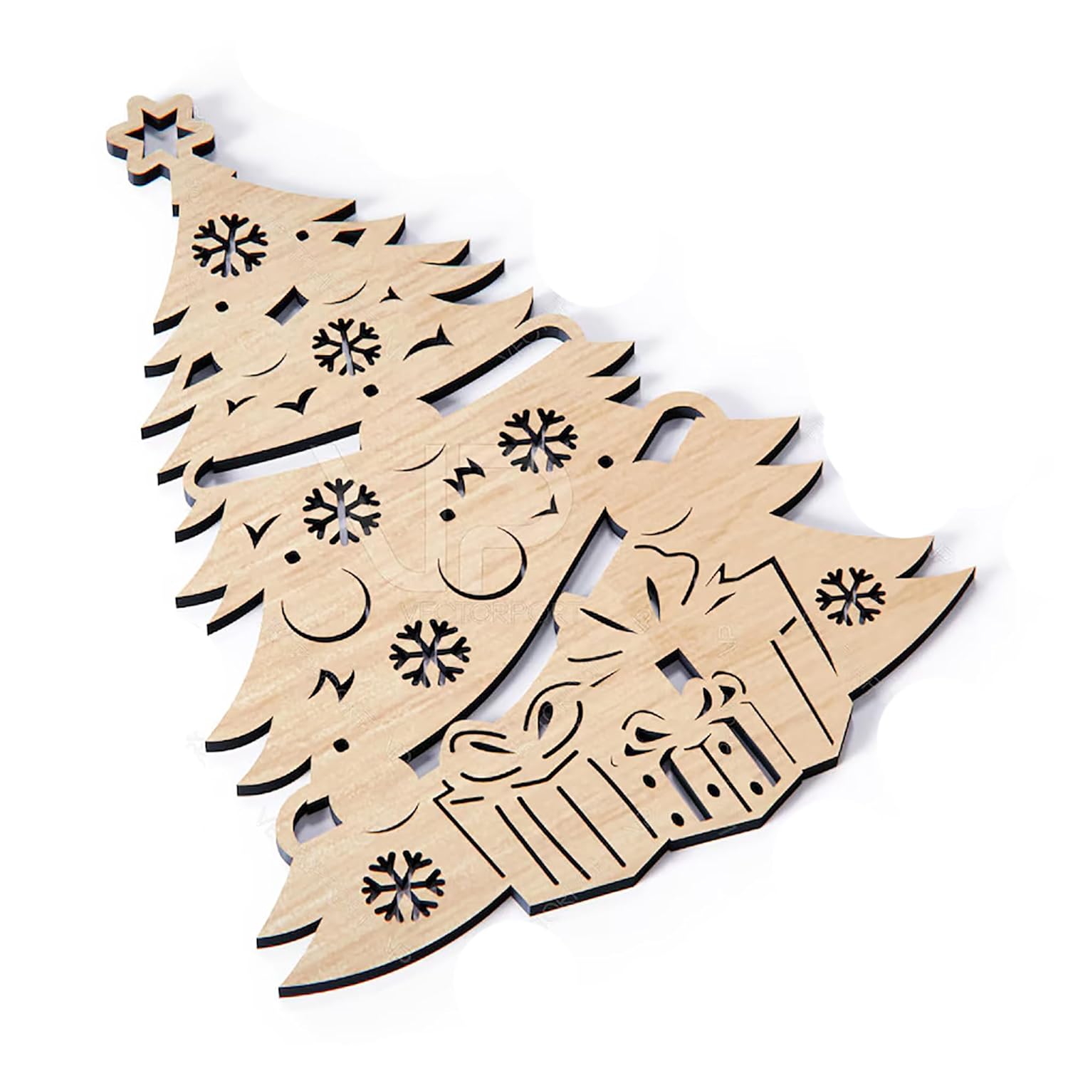 Set of wooden Christmas tree ornaments with cut-out designs on a white background