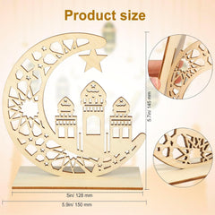 Decorative wooden moon and star ornament with intricate cut-out designs, shown with product size measurements.