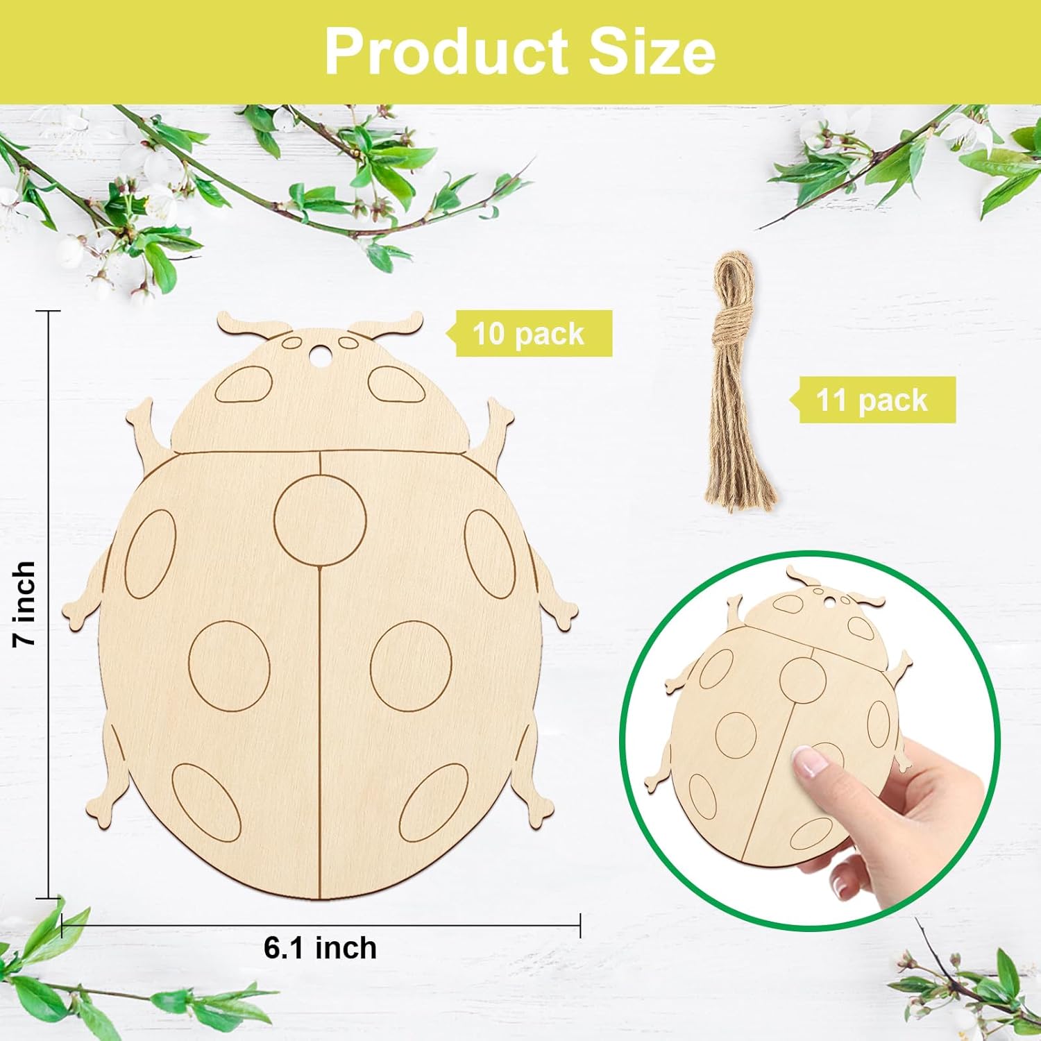 Wooden ladybug-shaped craft item with measurements and packaging details on a white background with green leaves.