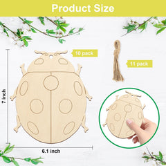 Wooden ladybug-shaped craft item with measurements and packaging details on a white background with green leaves.