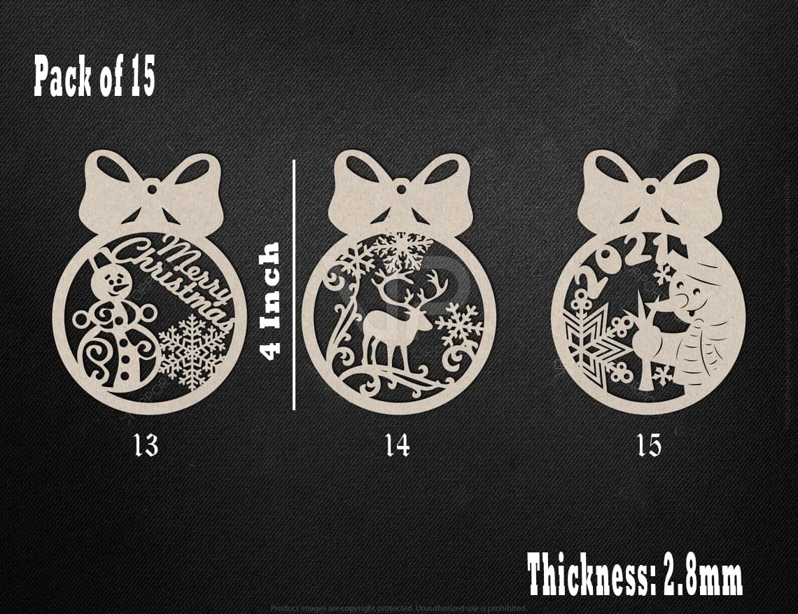 Three Christmas-themed cutouts with measurements and thickness details on a black background