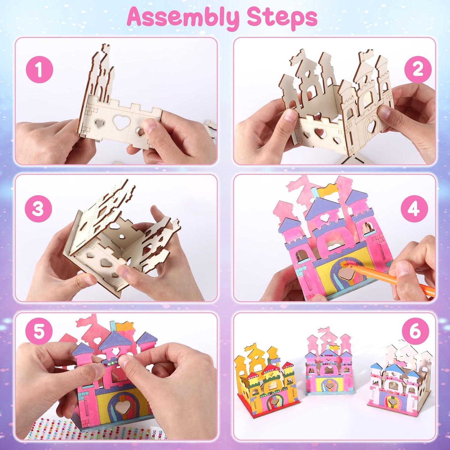 Step-by-step assembly of a colorful wooden castle model