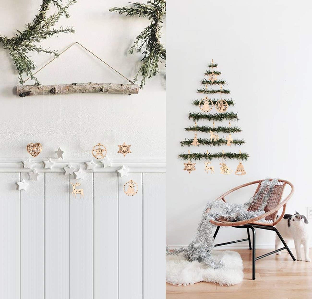 Decorative Christmas tree on a wall with festive decorations and a chair below.