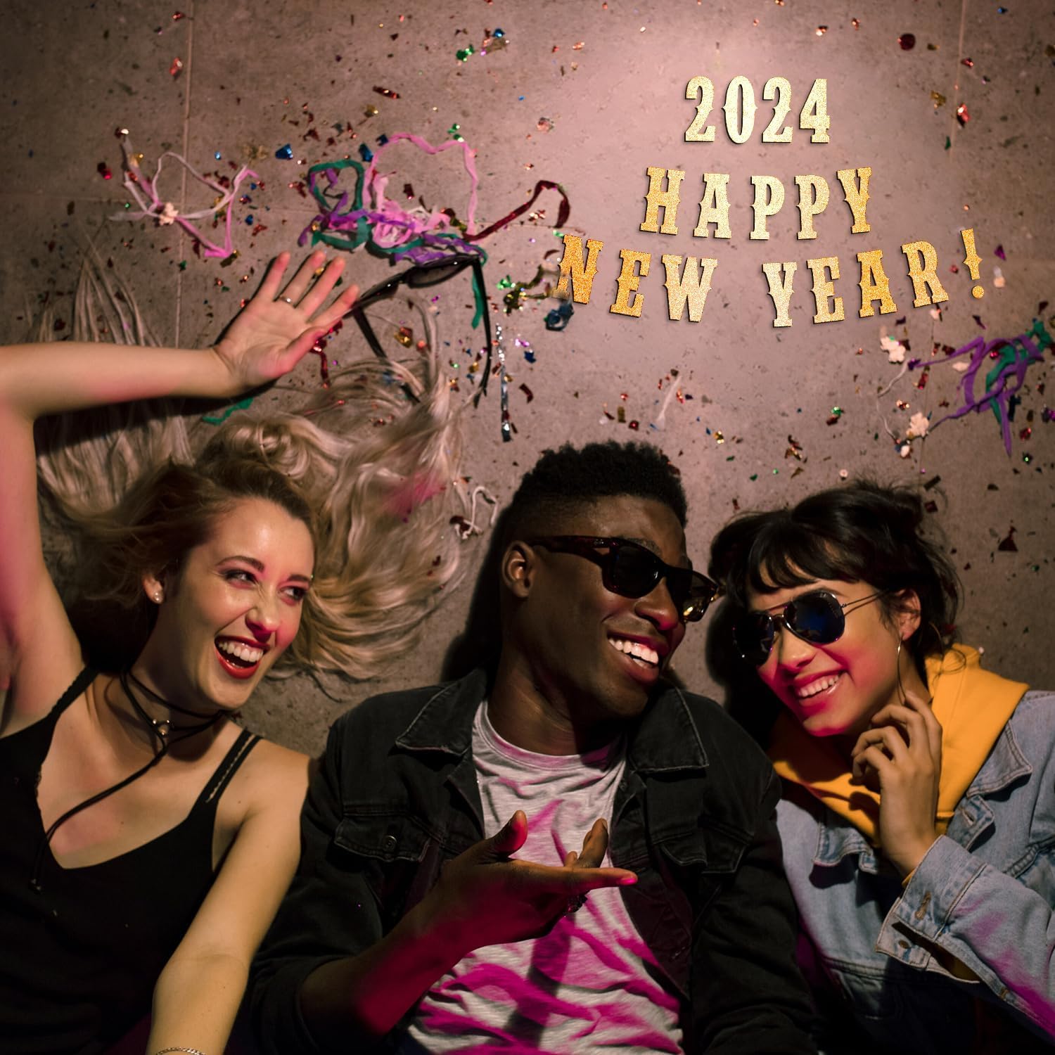 Three people celebrating with confetti and '2024 Happy New Year!' text.