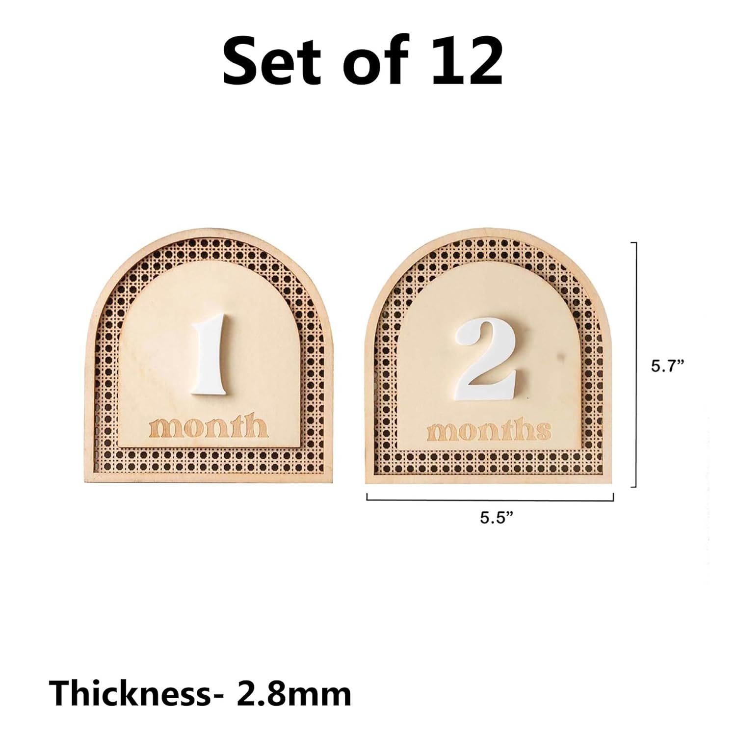 Two wooden milestone cards with numbers '1' and '2' on a white background, labeled as part of a set of 12. Dimensions and thickness are also provided.