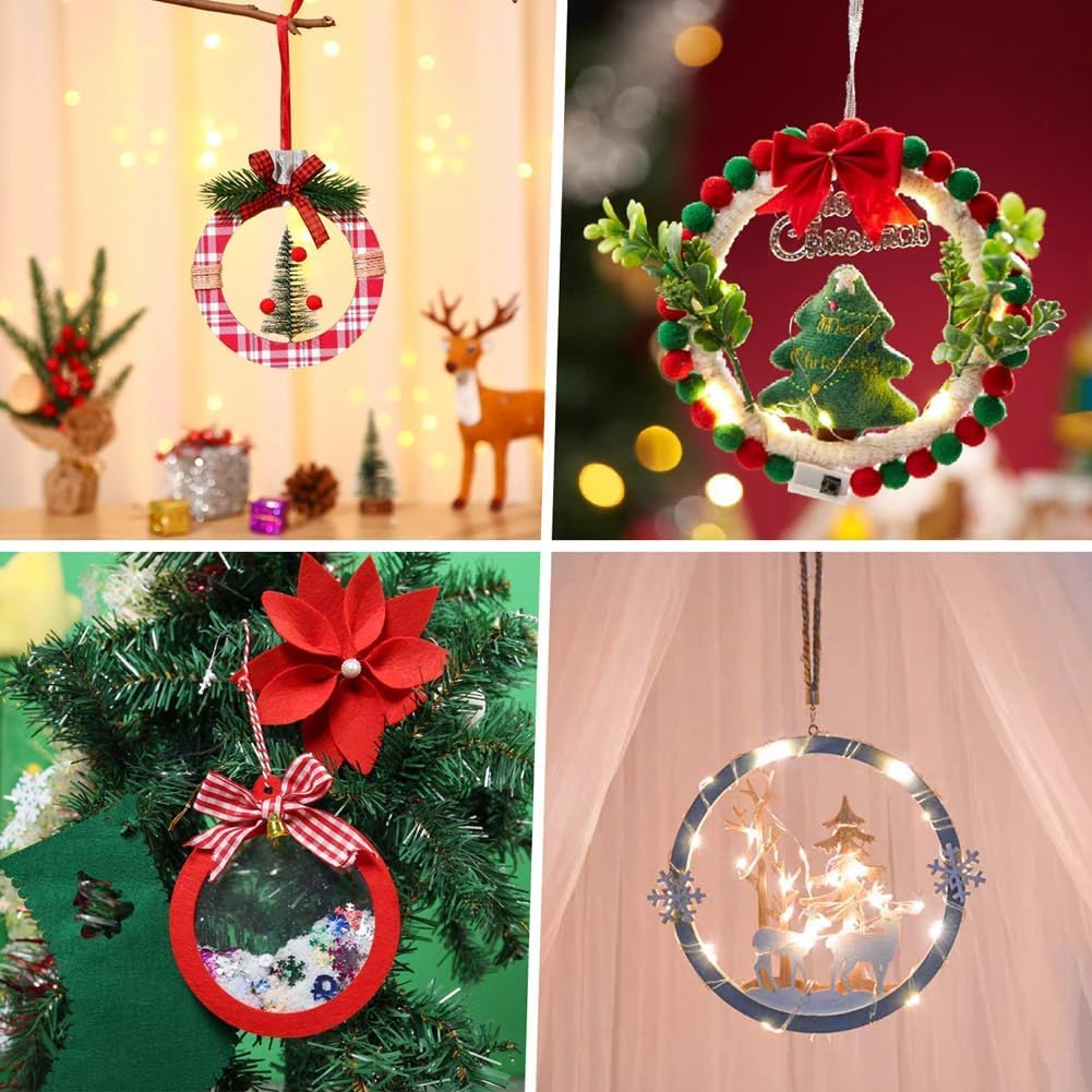 Collage of four Christmas ornaments with festive designs on a blurred holiday background.
