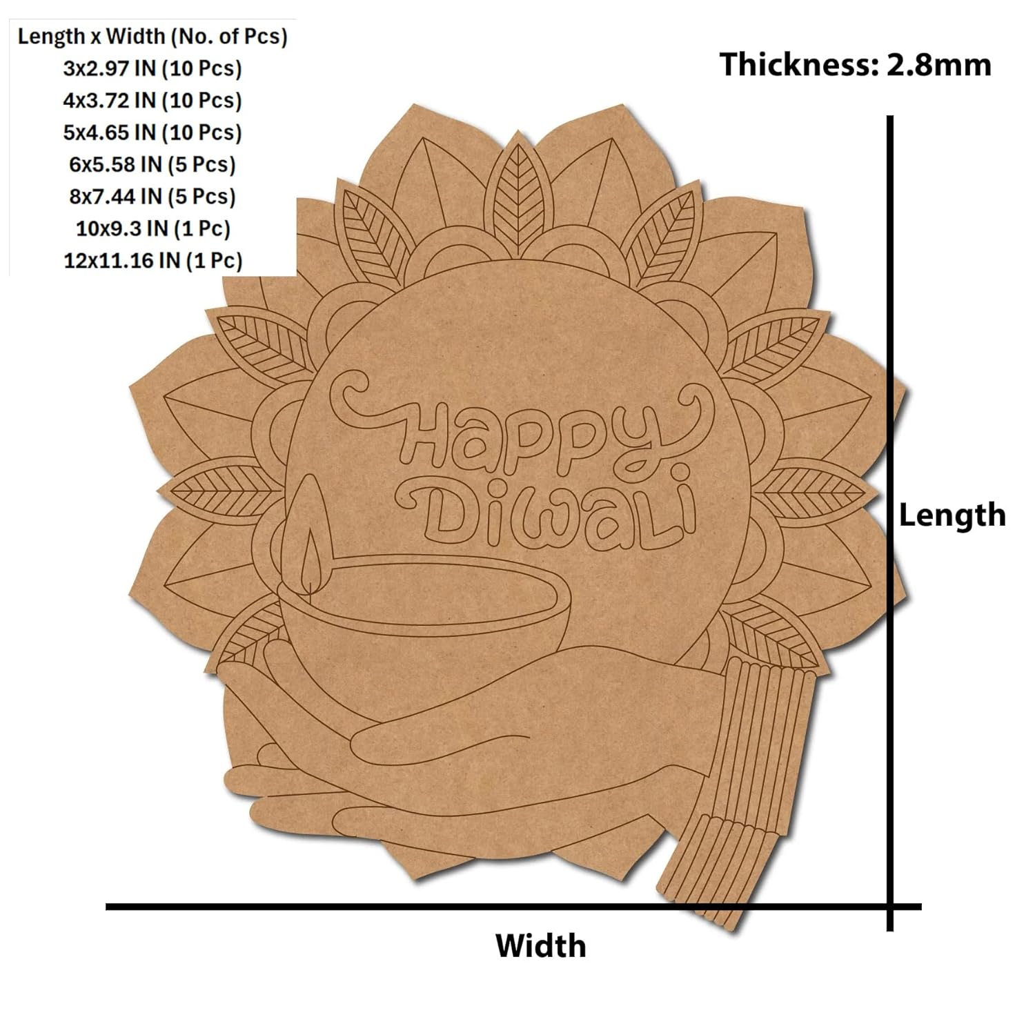 Cardboard cutout with 'Happy Diwali' design and measurements on a white background