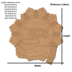 Cardboard cutout with 'Happy Diwali' design and measurements on a white background