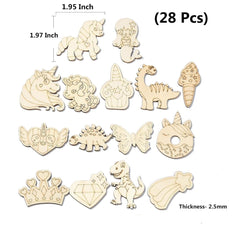 Cliths Pack of 28 Wooden Cutouts Unicorn, Heart & Dinosaur Shapes MDF Craft Blanks for DIY Painting