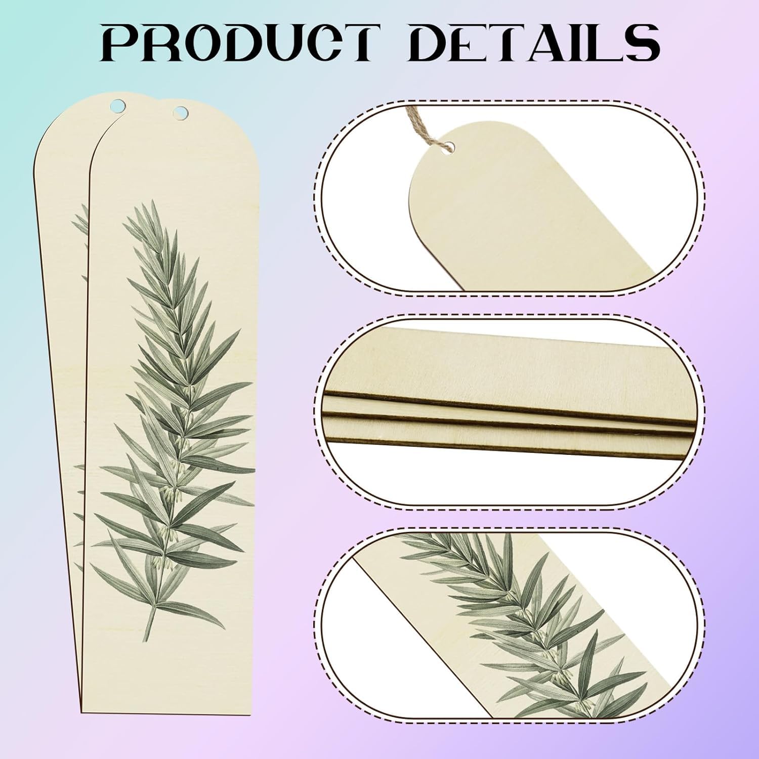 Product details of a wooden bookmark with plant design on a light purple background
