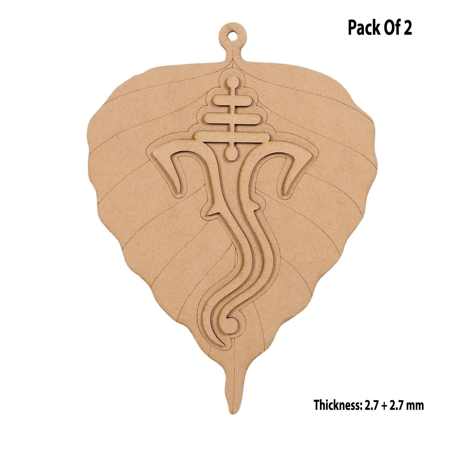 Wooden leaf-shaped pendant with Ganesha symbol on a white background
