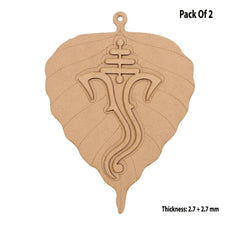 Wooden leaf-shaped pendant with Ganesha symbol on a white background
