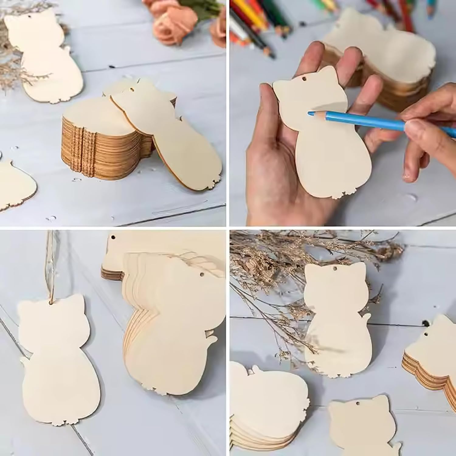 Collage of wooden cat-shaped cutouts with a hand holding a pencil and more cutouts on a light surface.