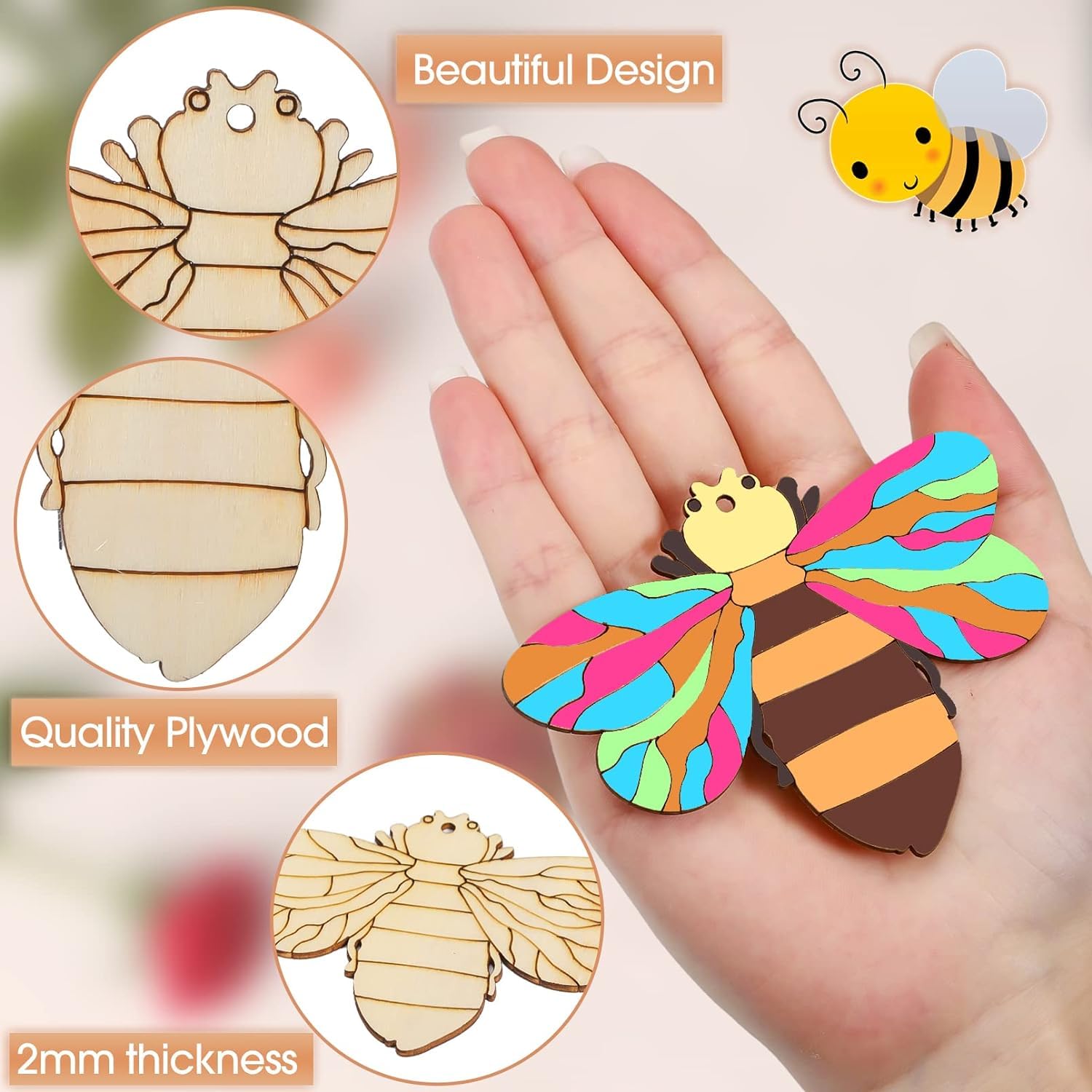 Colorful wooden bee ornament held in a hand with close-up insets showing design details.