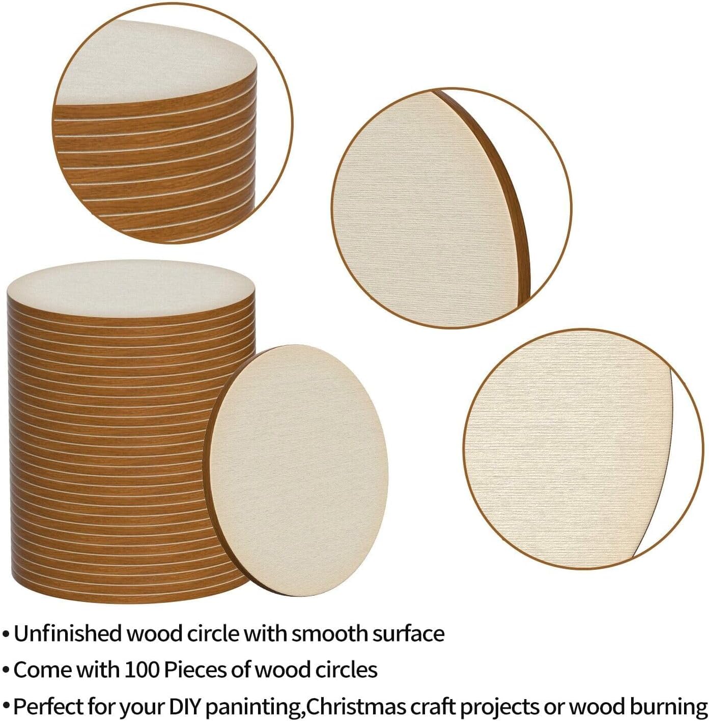 Unfinished wood circles with smooth surface, shown in a stack and close-up views.