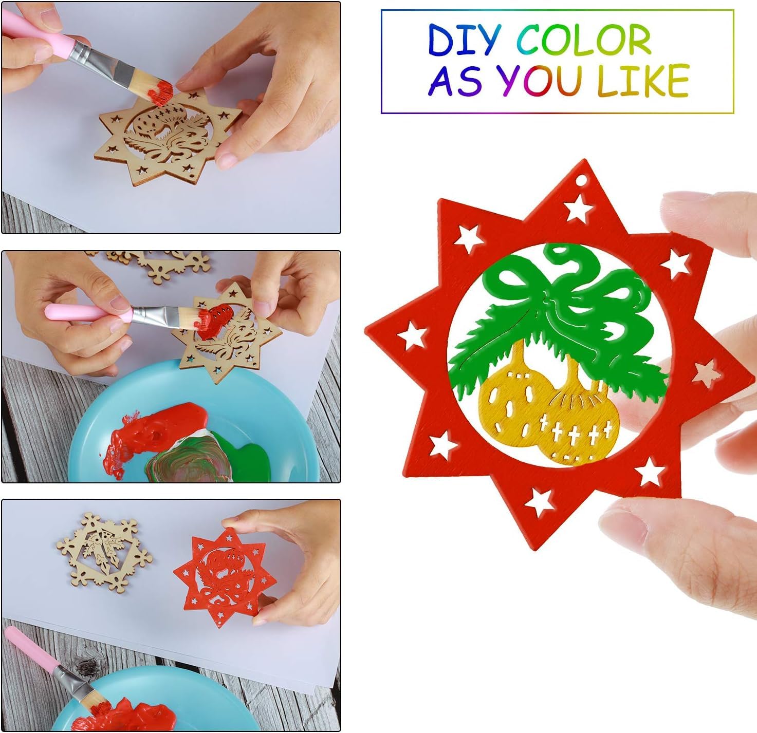 DIY craft project with star-shaped wooden cutout and paintbrushes, featuring colorful decorations.