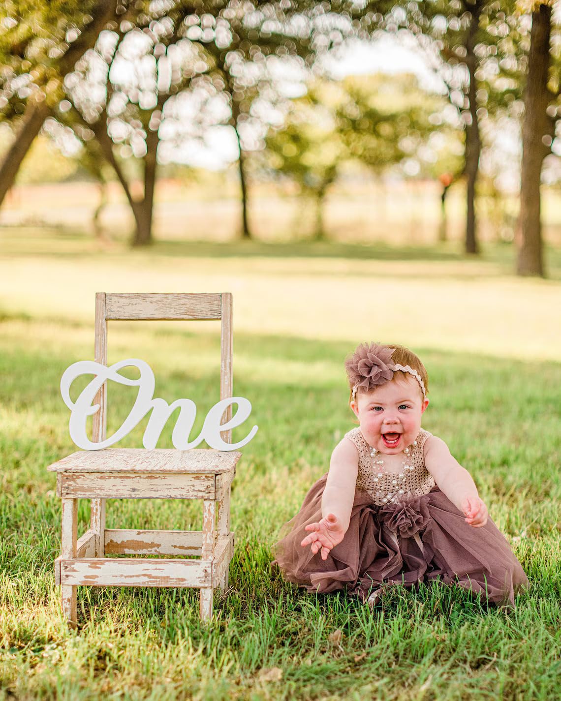 Baby in a park with a chair holding a 'One' sign