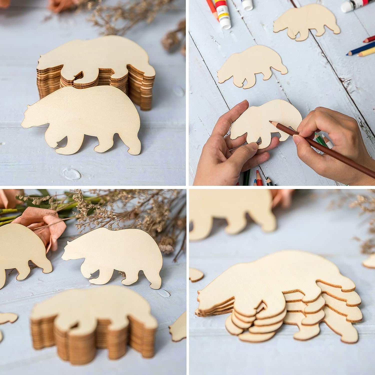 Collage of wooden bear shapes being cut out and arranged on a light blue surface.